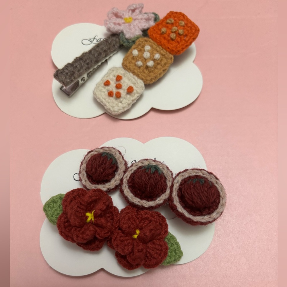 Handmade Crochet Hair Clips with Red Flowers